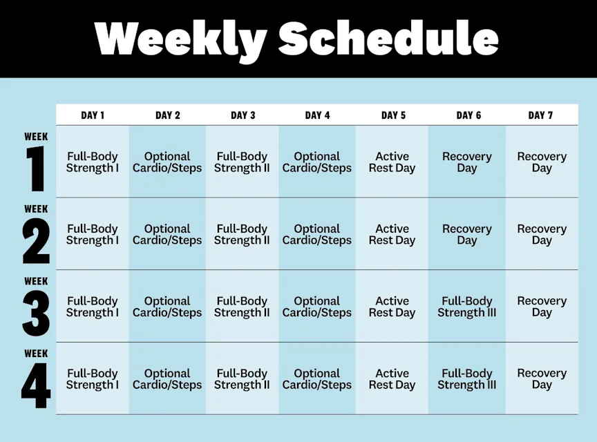 Overzicht van een weekindeling voor fitness en rustmomenten op een bureau